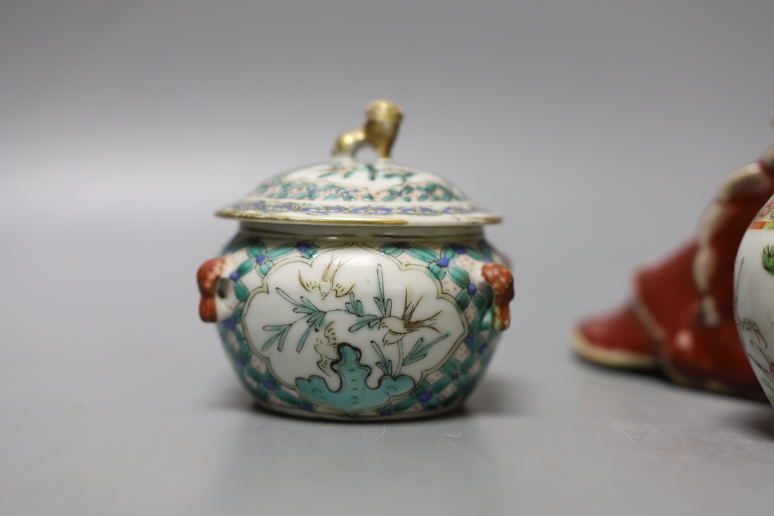 Three 19th century Chinese Canton decorated items and a sang-de-boeuf duck - tallest 10cm